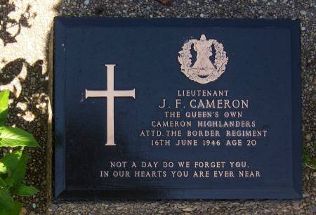 362869 Lieutenant J. F. Cameron.  1st battalion Queens Own Cameron Highlanders, attached to The Border Regiment, age 20 Rangon cemetery