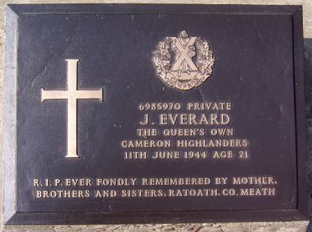 6985970 Private J. Everard, 1st battalion Queens Own Cameron Highlanders, 11th June 1944, age 21