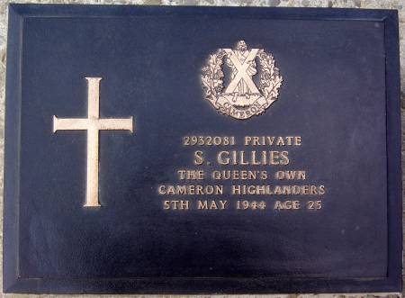 2932081 Private S. Gillies, 1st battalion Queens Own Cameron Highlanders, 5th May 1944, age 25