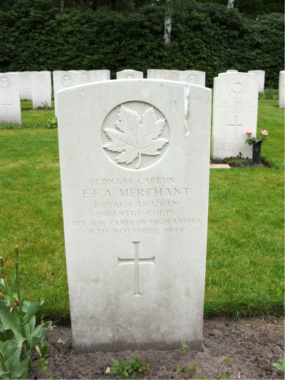 Headstone of Canadian 594 Captain E.F.A. Merchant Canloan officer