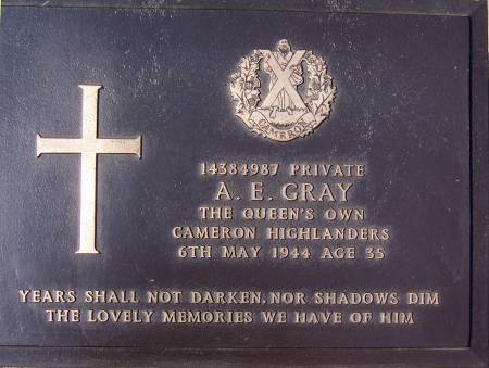 14384987Private A. E. Gray, 1st battalion Queens Own Cameron Highlanders, 6th May 1944, age 35