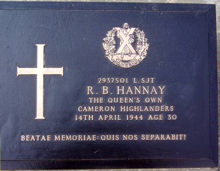 2937501 Lance-Sergeant R. B. Hannay, 1st battalion Queens Own Cameron Highlanders, 14th April 1944, age 30