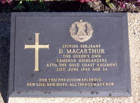 2929130 Sergeant D. Macarthur, Queens Own Cameron Highlanders, attached to The Gold Coast regiment, age 34
