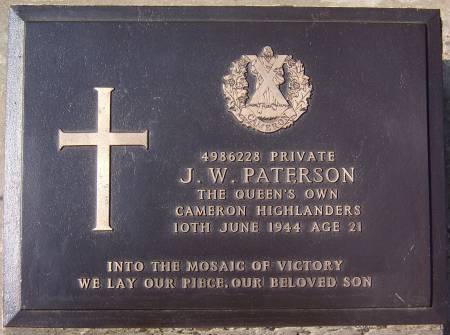 4986228 Private J. W. Paterson, 1st battalion Queens Own Cameron Highlanders, 10th June 1944, age 21