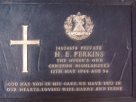 14624678 Private H. E. Perkins, 1st battalion Queens Own Cameron Highlanders, 12th May 1944, age 34