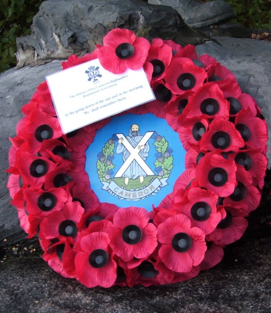 Queens Own Cameron Highlanders regimental association wreath, laid by the Veterans at the Schijndel Highland division memorial.