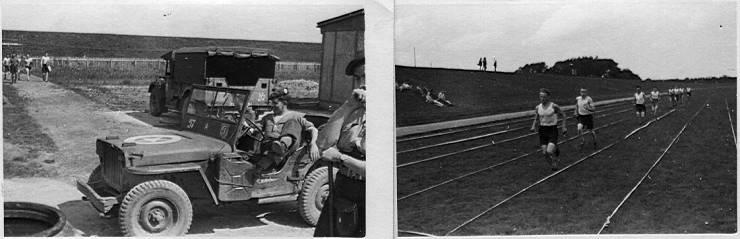 Returning to bath house after sports training. Verden Stadium. Germany 1945
