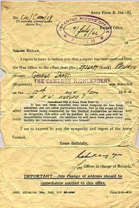 Telegram informing Joan of George being wounded