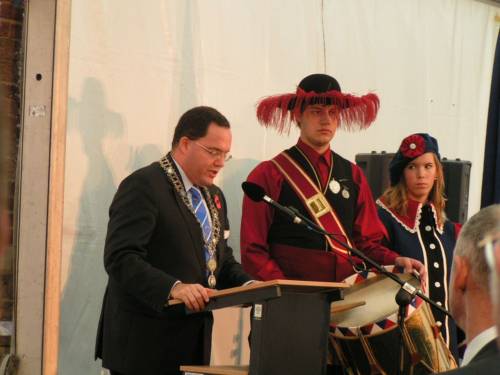 Burgemeester, Roderick J van de Mortel speaks at the remembrance ceremony and wreath laying at the Lambertus Tower, Vught Holland