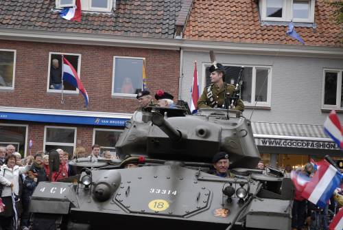 Piper Grant, Roland J. Dane, 7th Black Watch & Douglas Roger, 5th Black Watch, 51st Highland Division veterans in a Chaffee tank, veterans parade of honour, Vught Holland October 2009