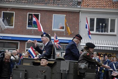 Richard Massey (left) 5th battalion Queens Own Cameron Highlanders & Eric Wood (right) Seaforth Highlanders, travel in a WW2 Bren carrier, 51st Highland Division veterans parade of honour, Vught, Holland, October 2009